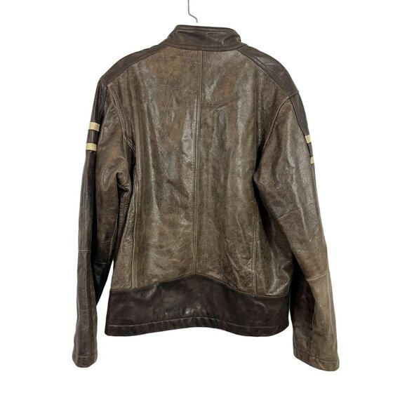 Roundtree & Yorke Brown Leather Striped Jacket Racing Biker Pockets Size Medium - Picture 2 of 7